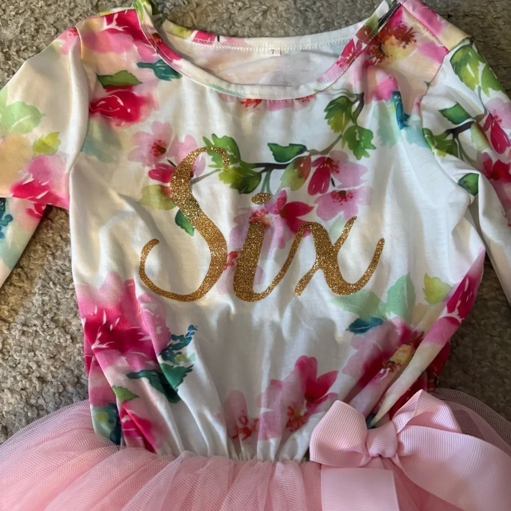 Grace and Lucille Pink Floral Tutu Dress Six 6 Birthday Pink White Long Sleeve